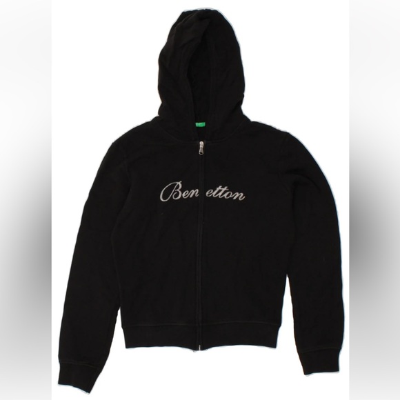 Benetton Black Hoody Sweatshirt Jacket Silver Sparkle Logo XS Italy Kawaii UCB - Picture 11 of 12
